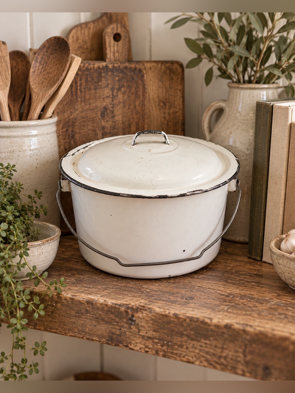 Vintage White & Black Enamelware Chamber Pail w/ Lid – Farmhouse Primitive